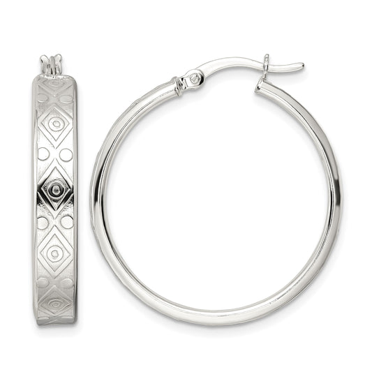 Sterling Silver Polished Geometric Design 5.25mm Round Hoop Earrings