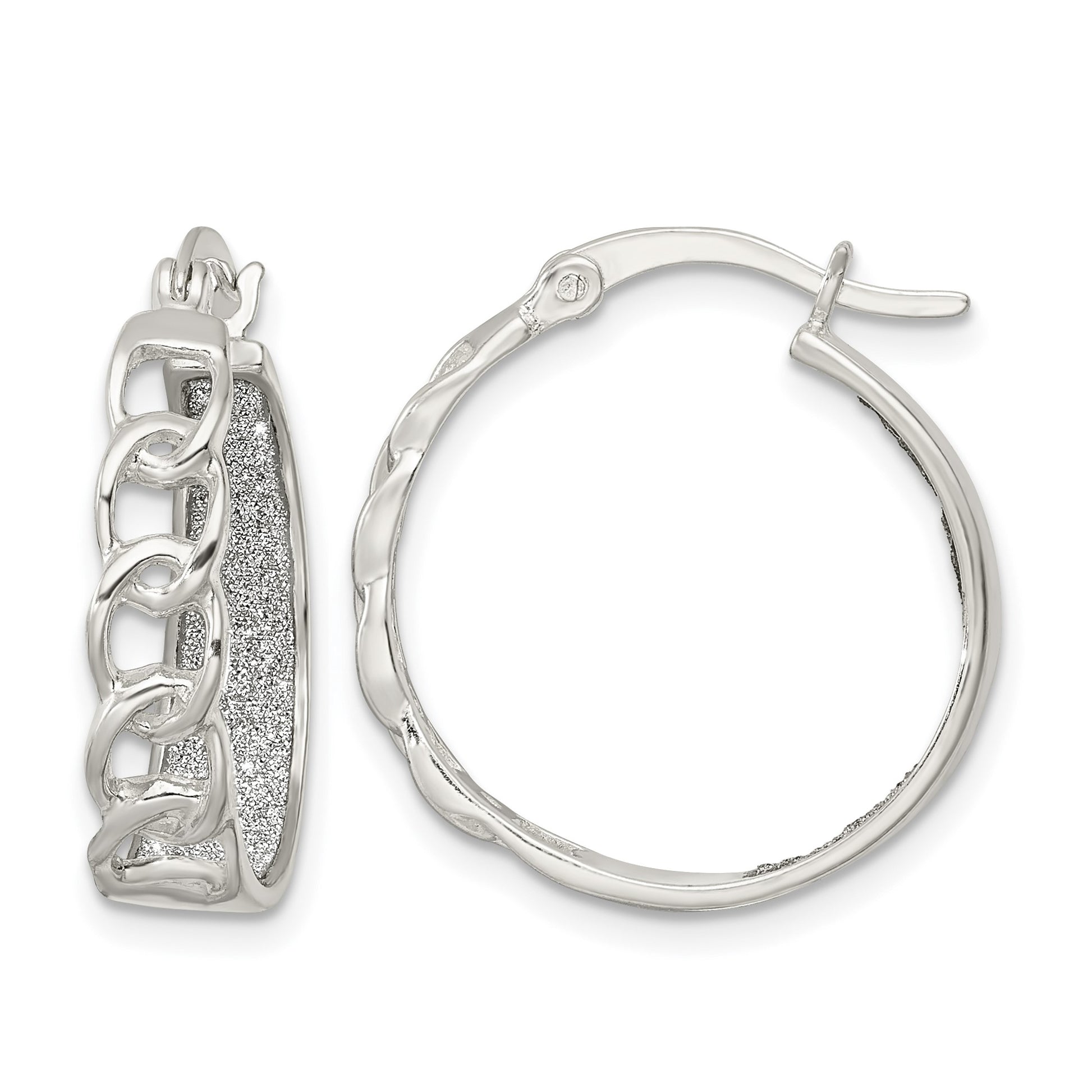 Sterling Silver Polished Fabric Glitter Hoop & Links Round Hoop Earrings