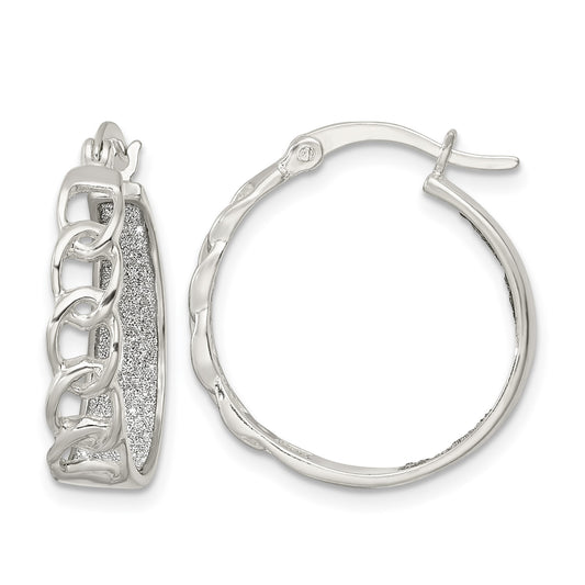 Sterling Silver Polished Fabric Glitter Hoop & Links Round Hoop Earrings