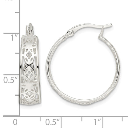 Sterling Silver Polished Cut-out Floral Round Hoop Earrings
