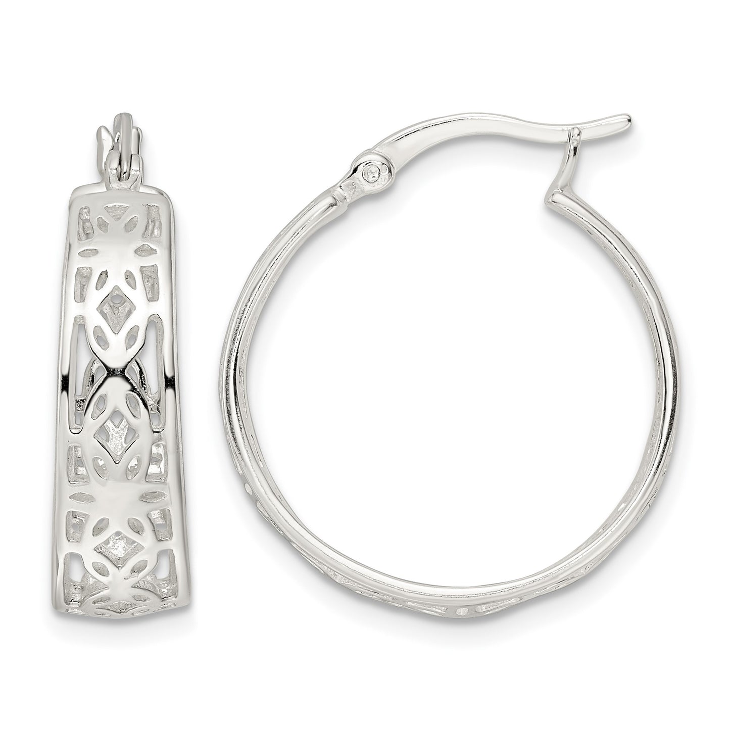 Sterling Silver Polished Cut-out Floral Round Hoop Earrings