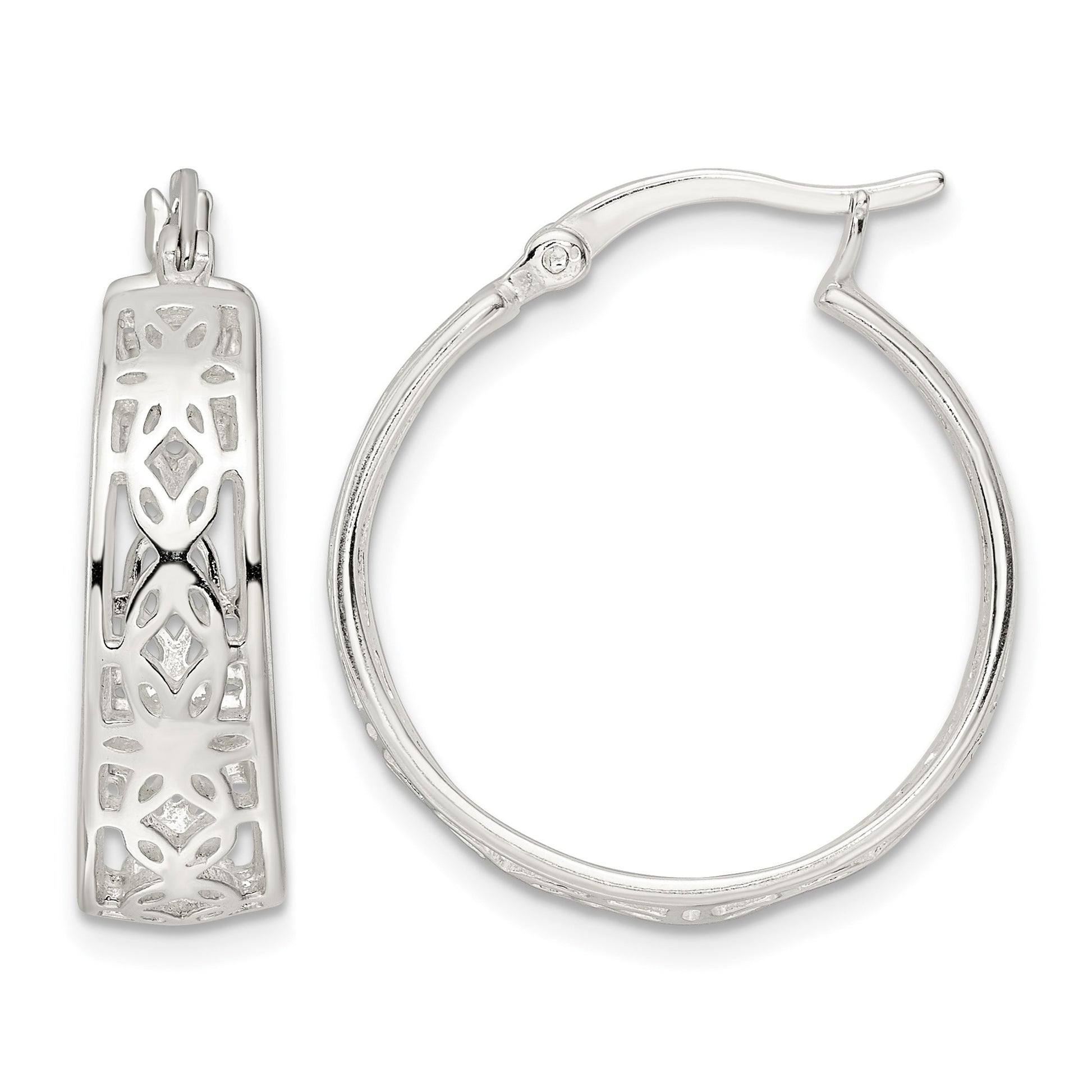 Sterling Silver Polished Cut-out Floral Round Hoop Earrings
