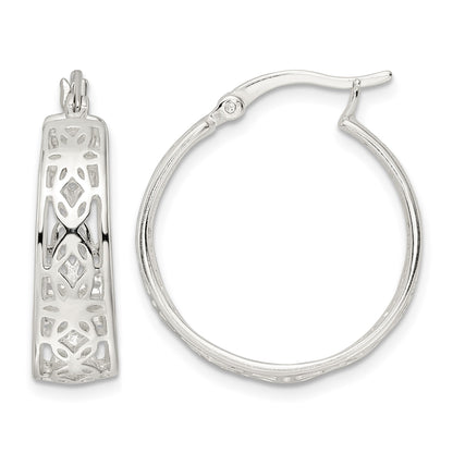 Sterling Silver Polished Cut-out Floral Round Hoop Earrings