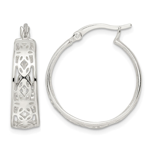 Sterling Silver Polished Cut-out Floral Round Hoop Earrings