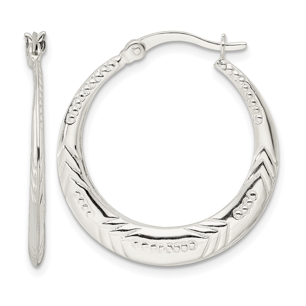 Sterling Silver Polished & Textured Knife Edge Round Hoop Earrings