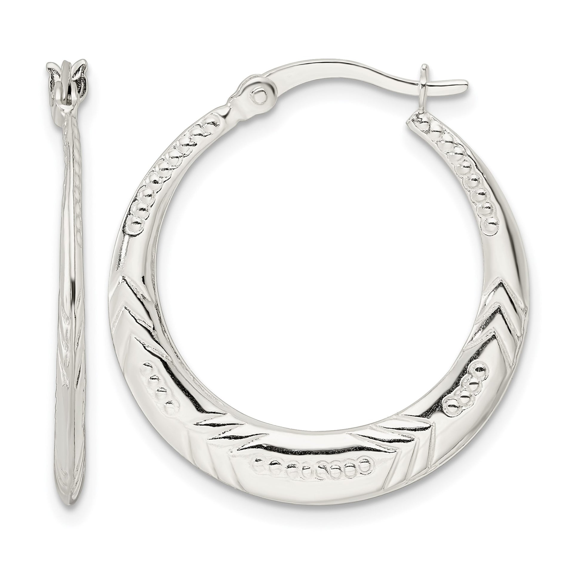 Sterling Silver Polished & Textured Knife Edge Round Hoop Earrings