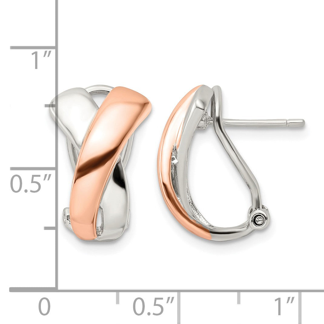 Sterling Silver & Rose-tone Polished X Omega Back J-Hoop Earrings