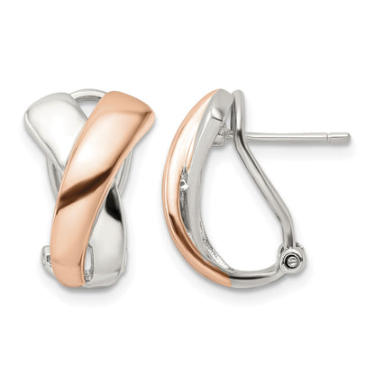 Sterling Silver & Rose-tone Polished X Omega Back J-Hoop Earrings
