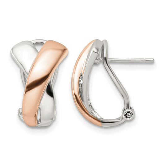 Sterling Silver & Rose-tone Polished X Omega Back J-Hoop Earrings