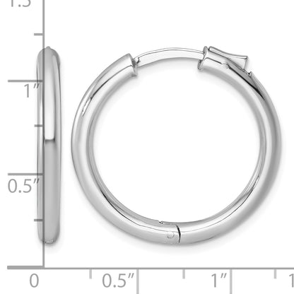 Sterling Silver Rhodium-plated Polished 3x28mm with Safety Lock Round Hinged Hoop Earrings