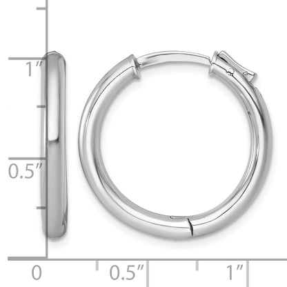 Sterling Silver Rhodium-plated Polished 3x25mm with Safety Lock Round Hinged Hoop Earrings