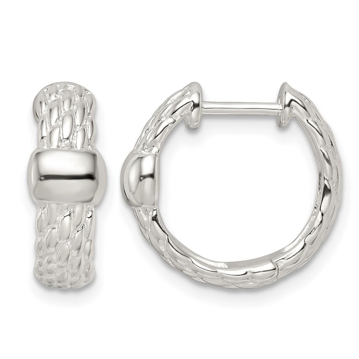 Sterling Silver Polished Basket Weave Hinged Hoop Earrings