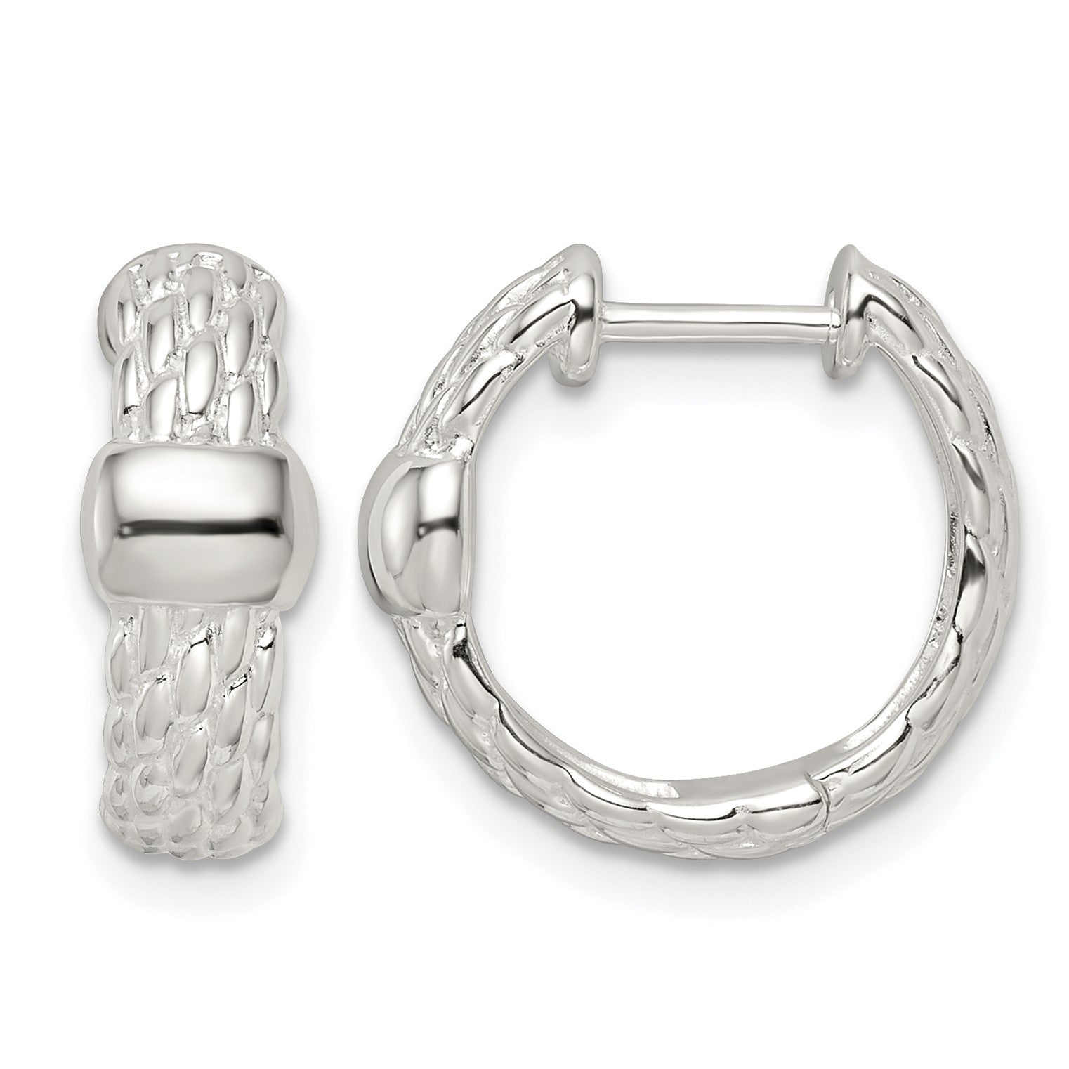 Sterling Silver Polished Basket Weave Hinged Hoop Earrings