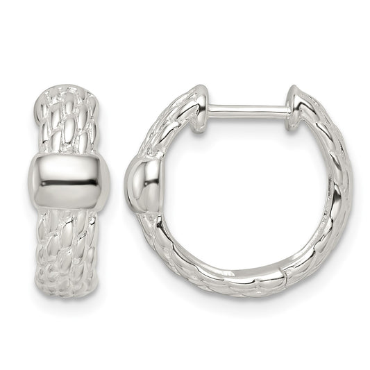 Sterling Silver Polished Basket Weave Hinged Hoop Earrings