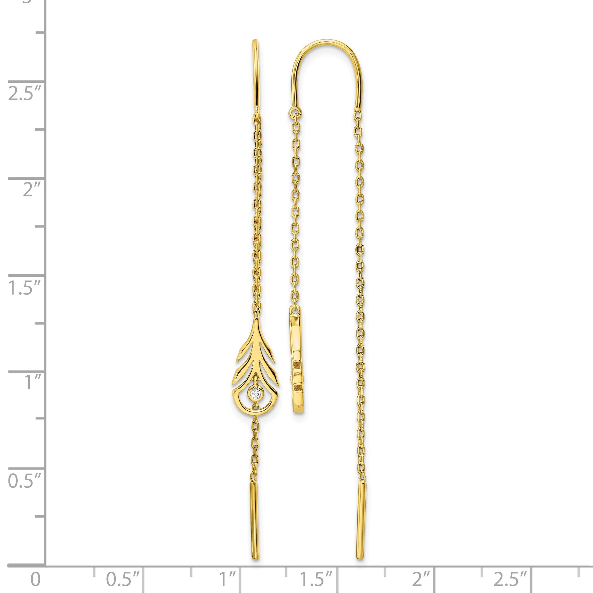 Sterling Silver Gold-tone Polished CZ Feather Threader Earrings