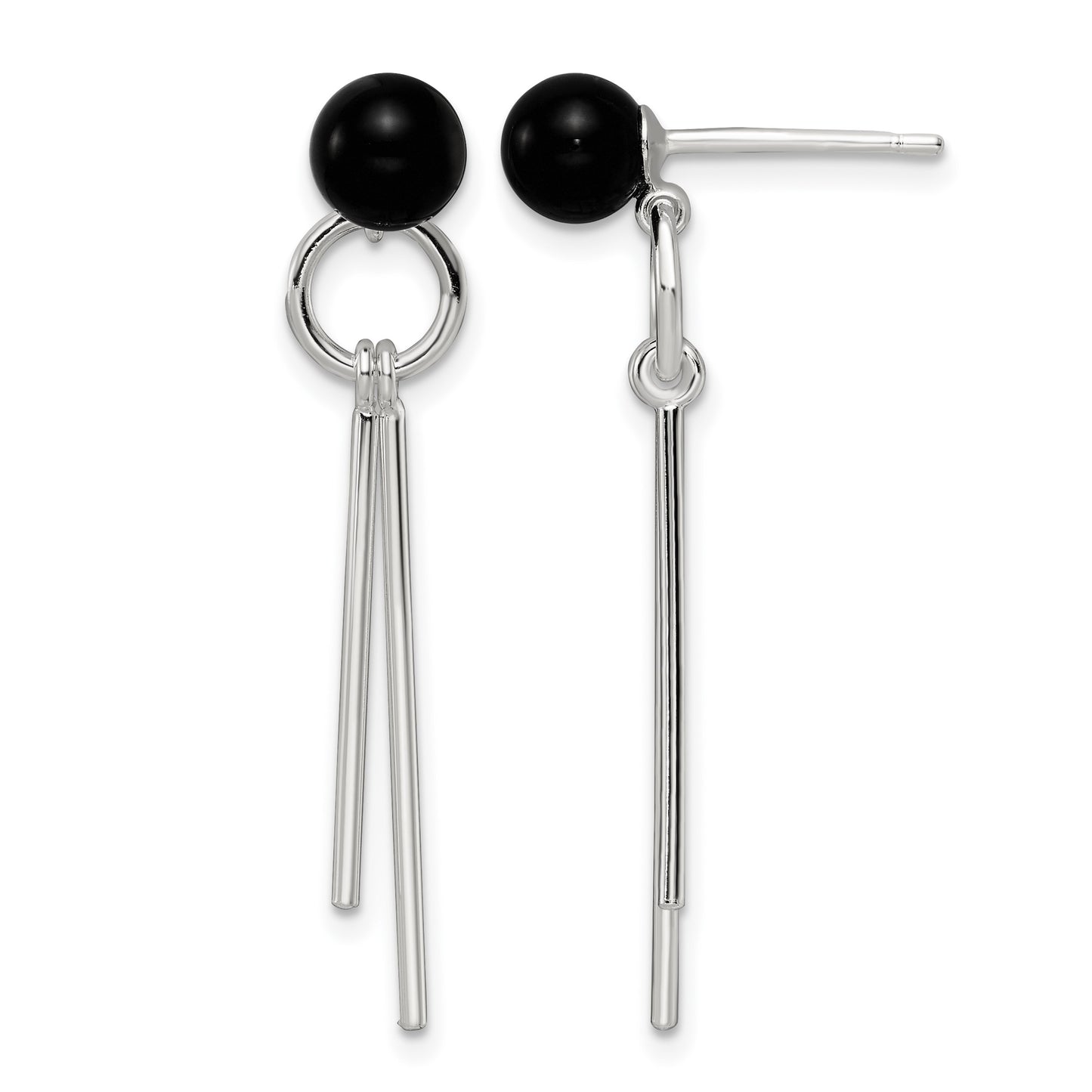 Sterling Silver Polished Fancy Onyx Bead & Bars Post Dangle Earrings