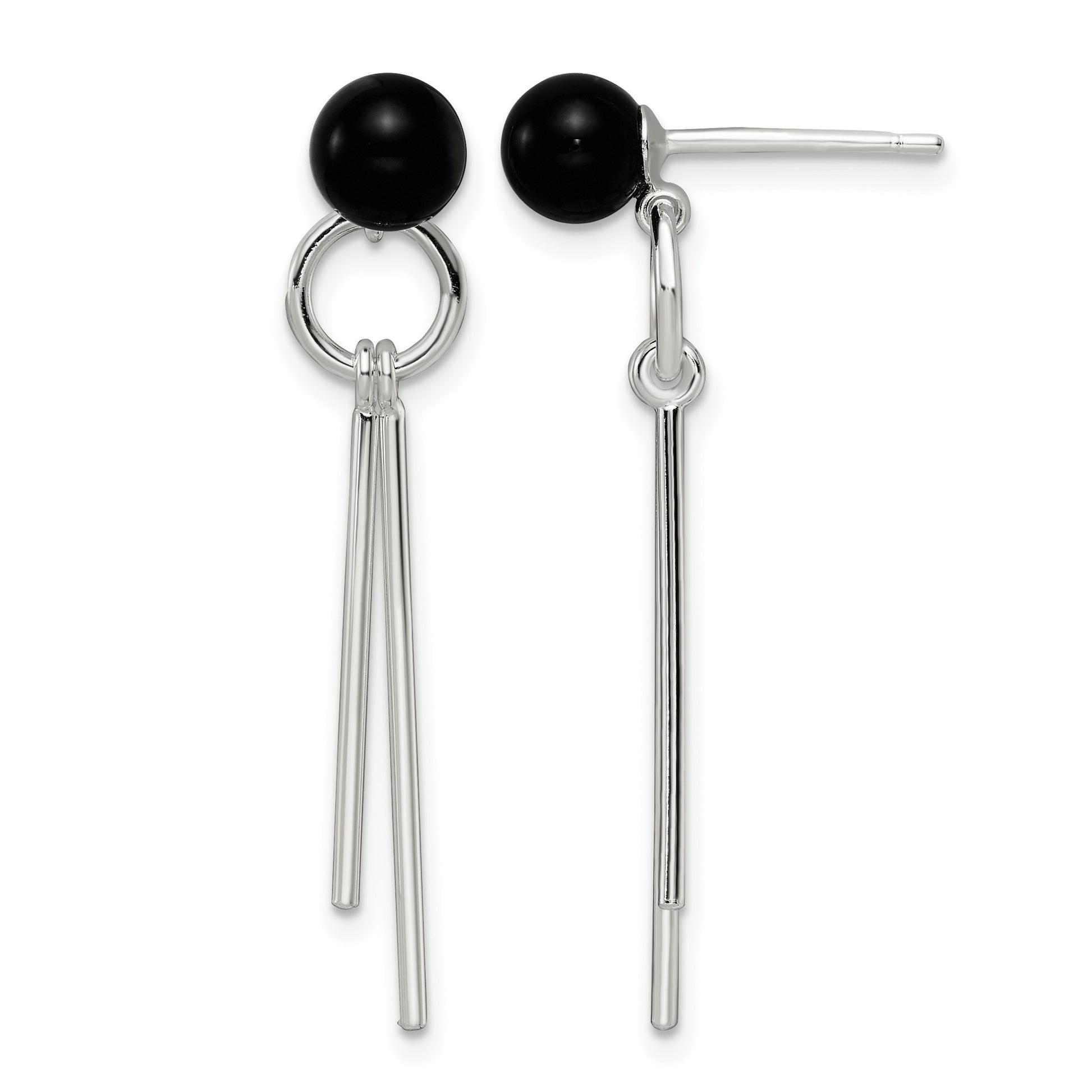 Sterling Silver Polished Fancy Onyx Bead & Bars Post Dangle Earrings