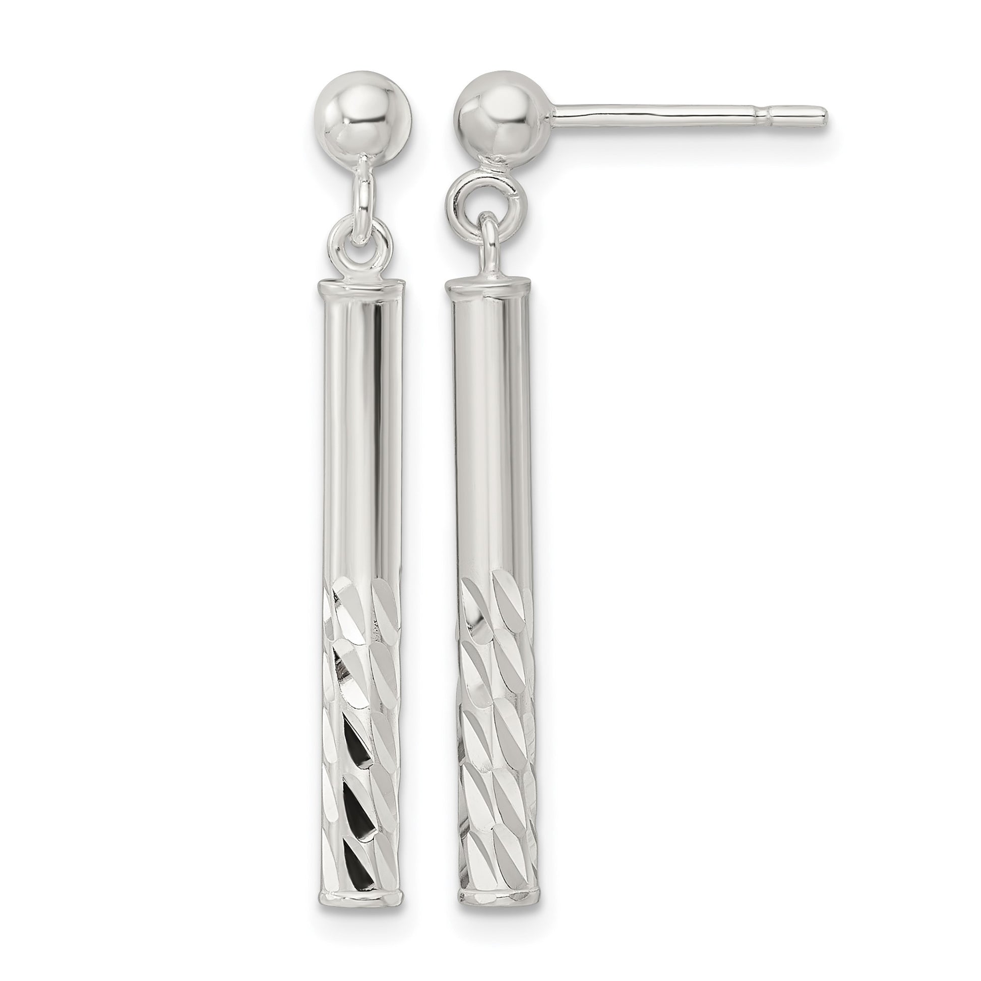 Sterling Silver Polished & Diamond-cut Bar Post Dangle Earrings
