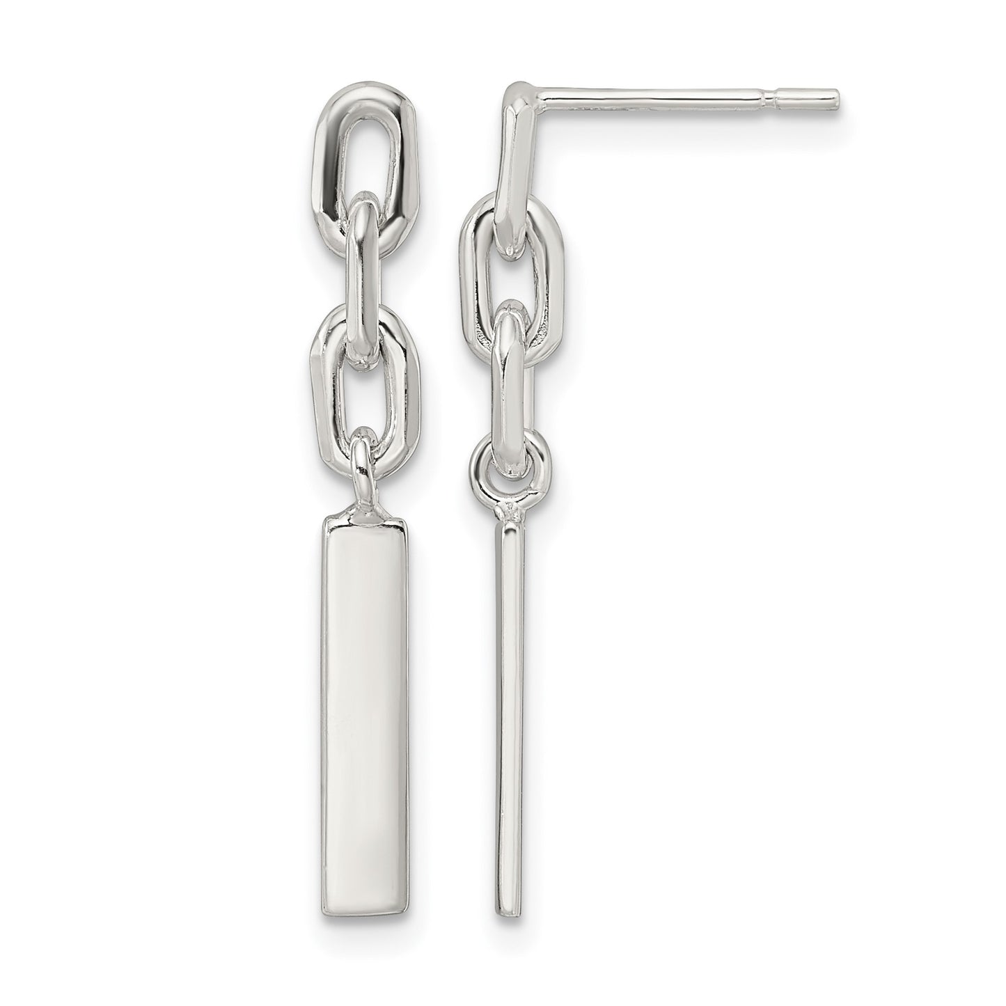 Sterling Silver Polished Bar & Chain Link Post Dangle Earrings