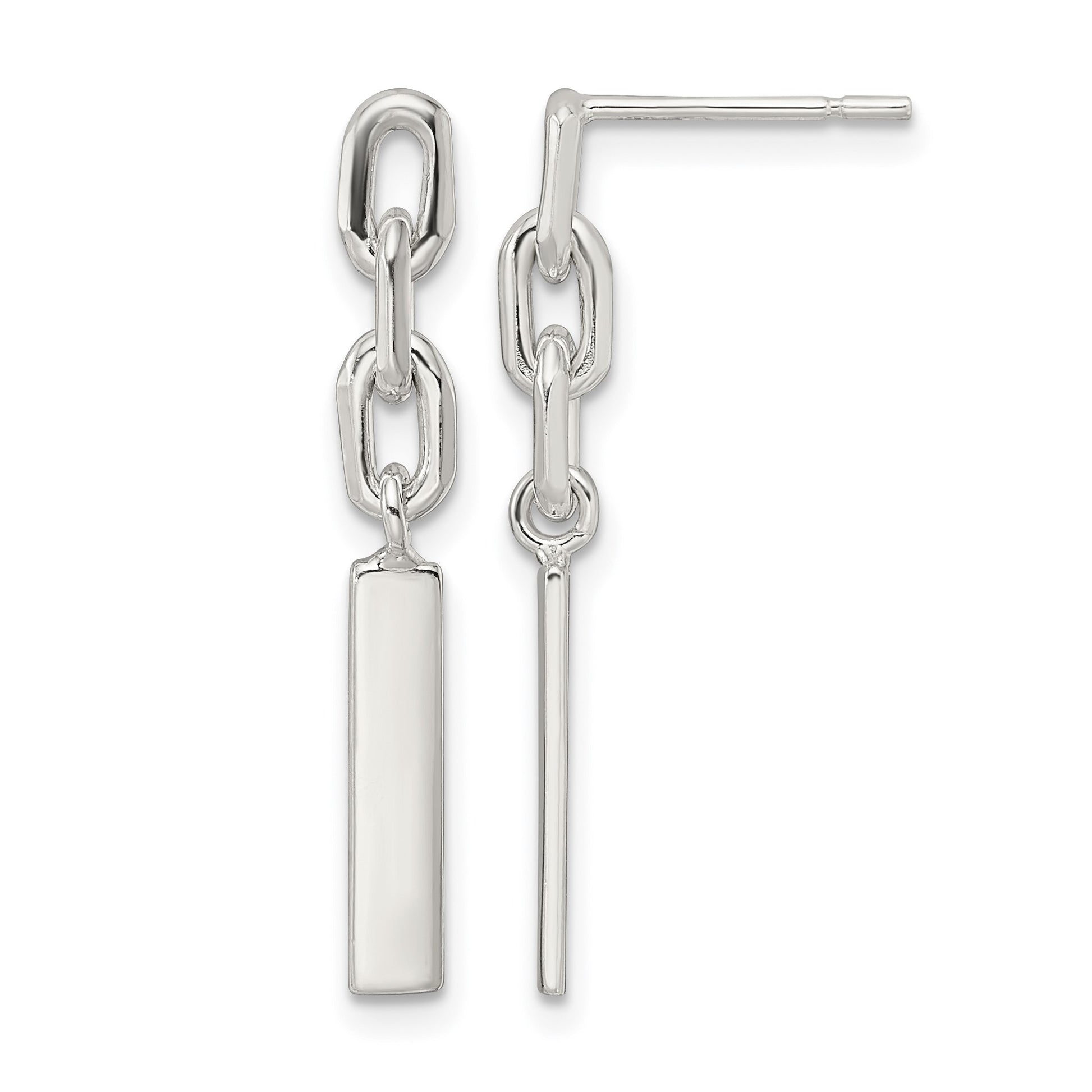 Sterling Silver Polished Bar & Chain Link Post Dangle Earrings