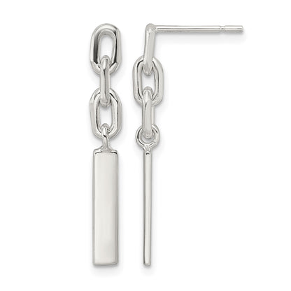 Sterling Silver Polished Bar & Chain Link Post Dangle Earrings