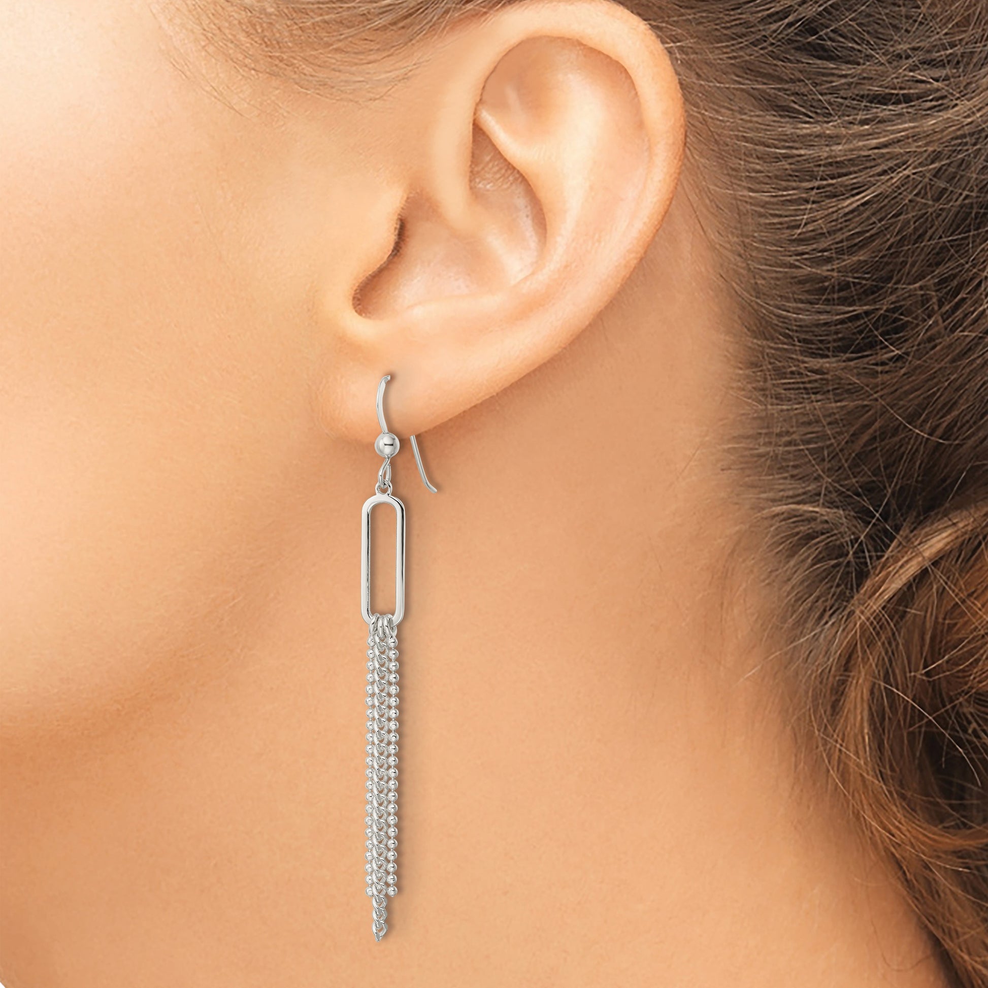 Sterling Silver Polished Oval and Multi-Strand Beaded Chain Dangle Earrings