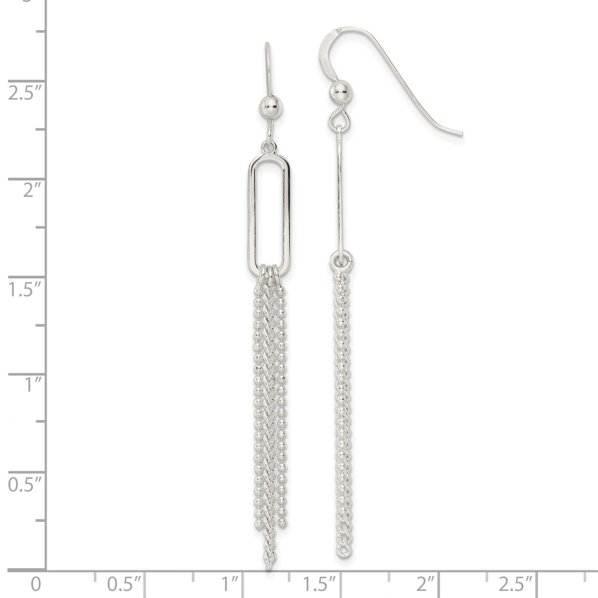 Sterling Silver Polished Oval and Multi-Strand Beaded Chain Dangle Earrings