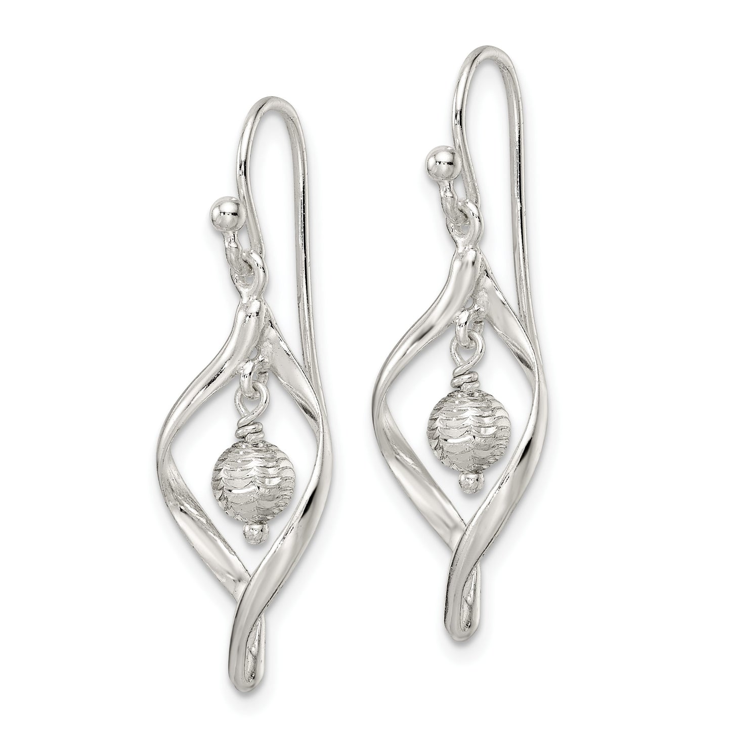 Sterling Silver Polished & Diamond-cut Twist w/Ball Center Dangle Earrings
