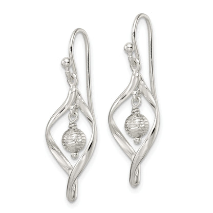 Sterling Silver Polished & Diamond-cut Twist w/Ball Center Dangle Earrings