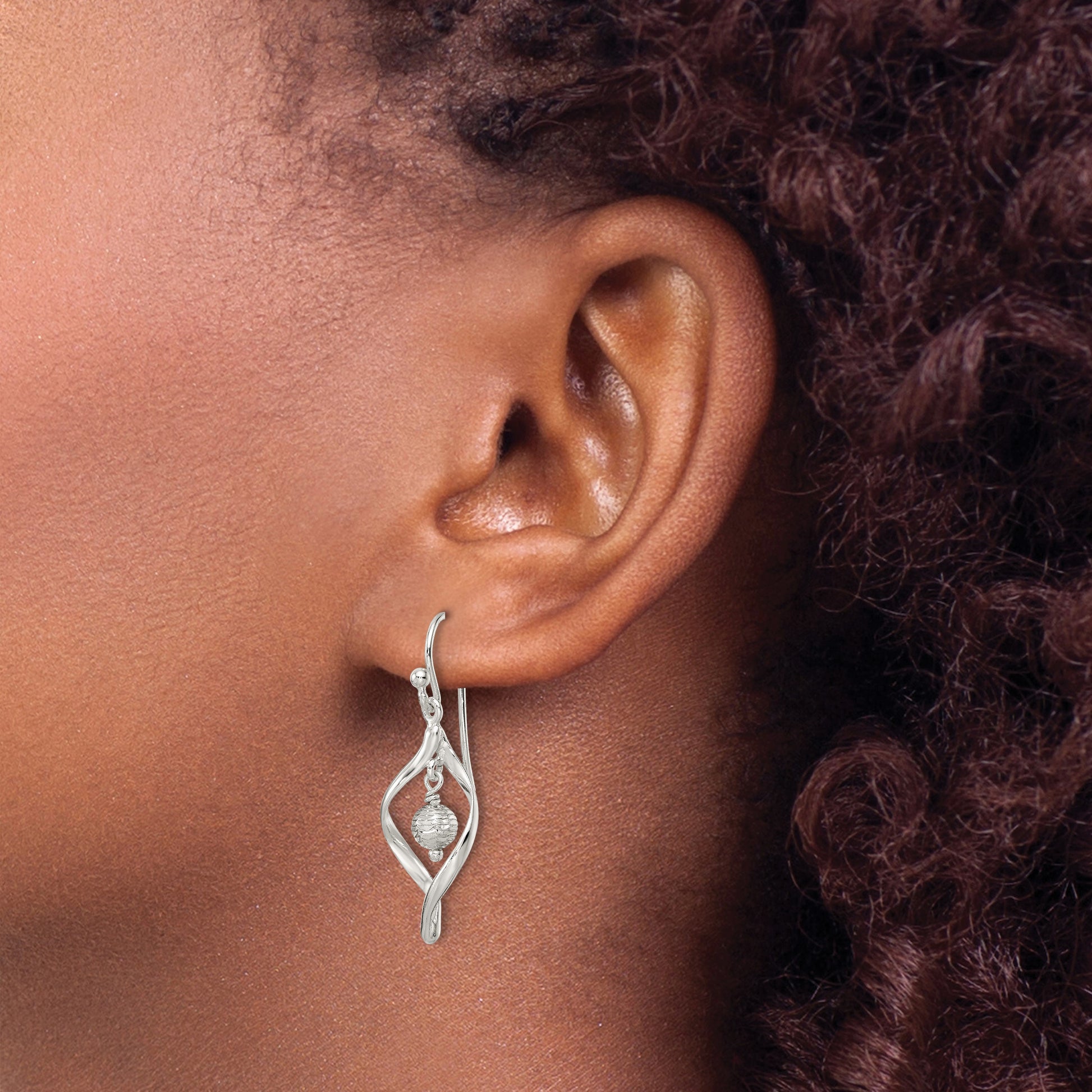 Sterling Silver Polished & Diamond-cut Twist w/Ball Center Dangle Earrings