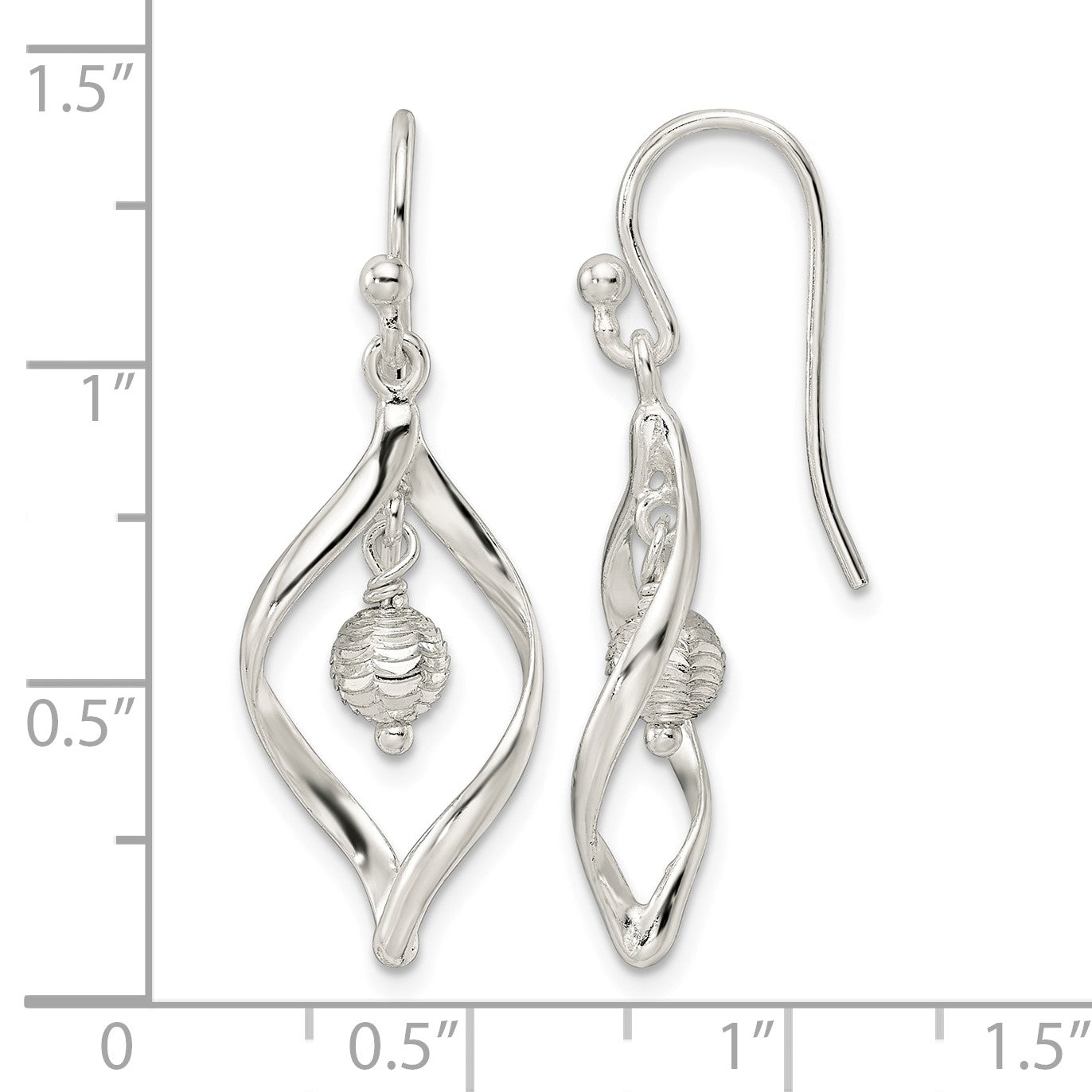 Sterling Silver Polished & Diamond-cut Twist w/Ball Center Dangle Earrings