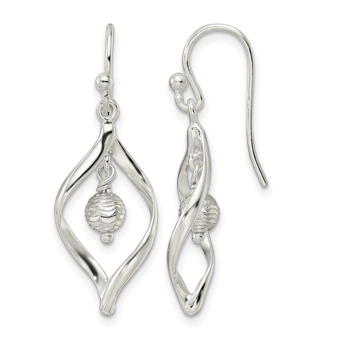 Sterling Silver Polished & Diamond-cut Twist w/Ball Center Dangle Earrings