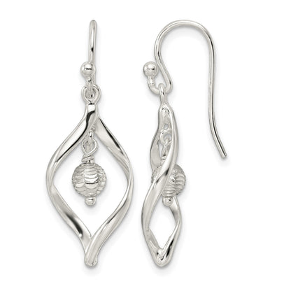 Sterling Silver Polished & Diamond-cut Twist w/Ball Center Dangle Earrings