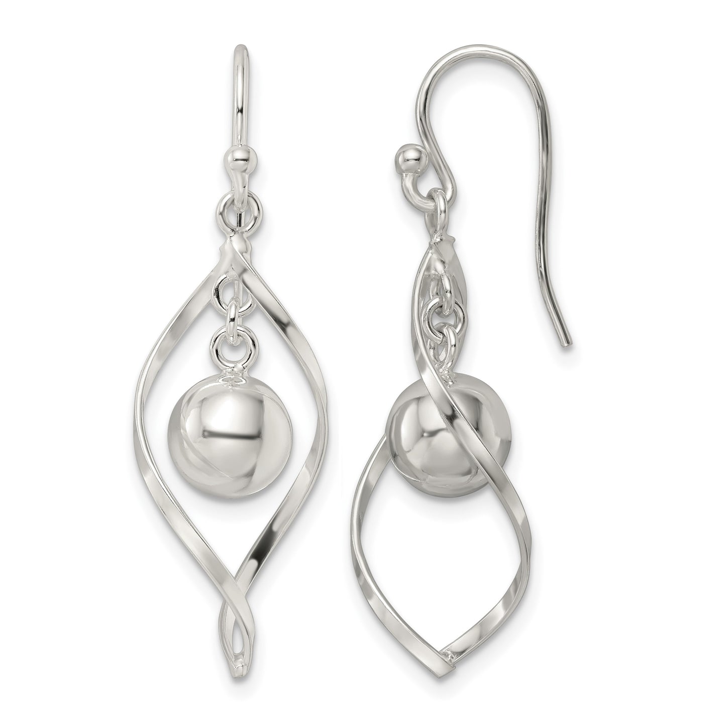 Sterling Silver Polished Twisted and Ball Dangle Earrings