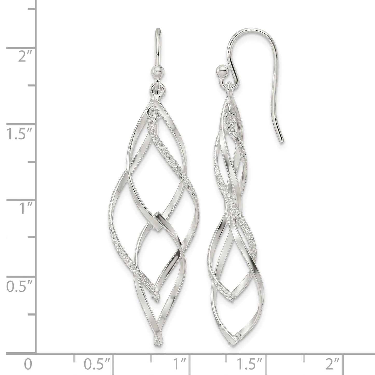 Sterling Silver Polished & Lasered Texture Twisted Dangle Hook Earrings