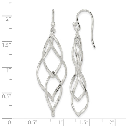 Sterling Silver Polished & Lasered Texture Twisted Dangle Hook Earrings