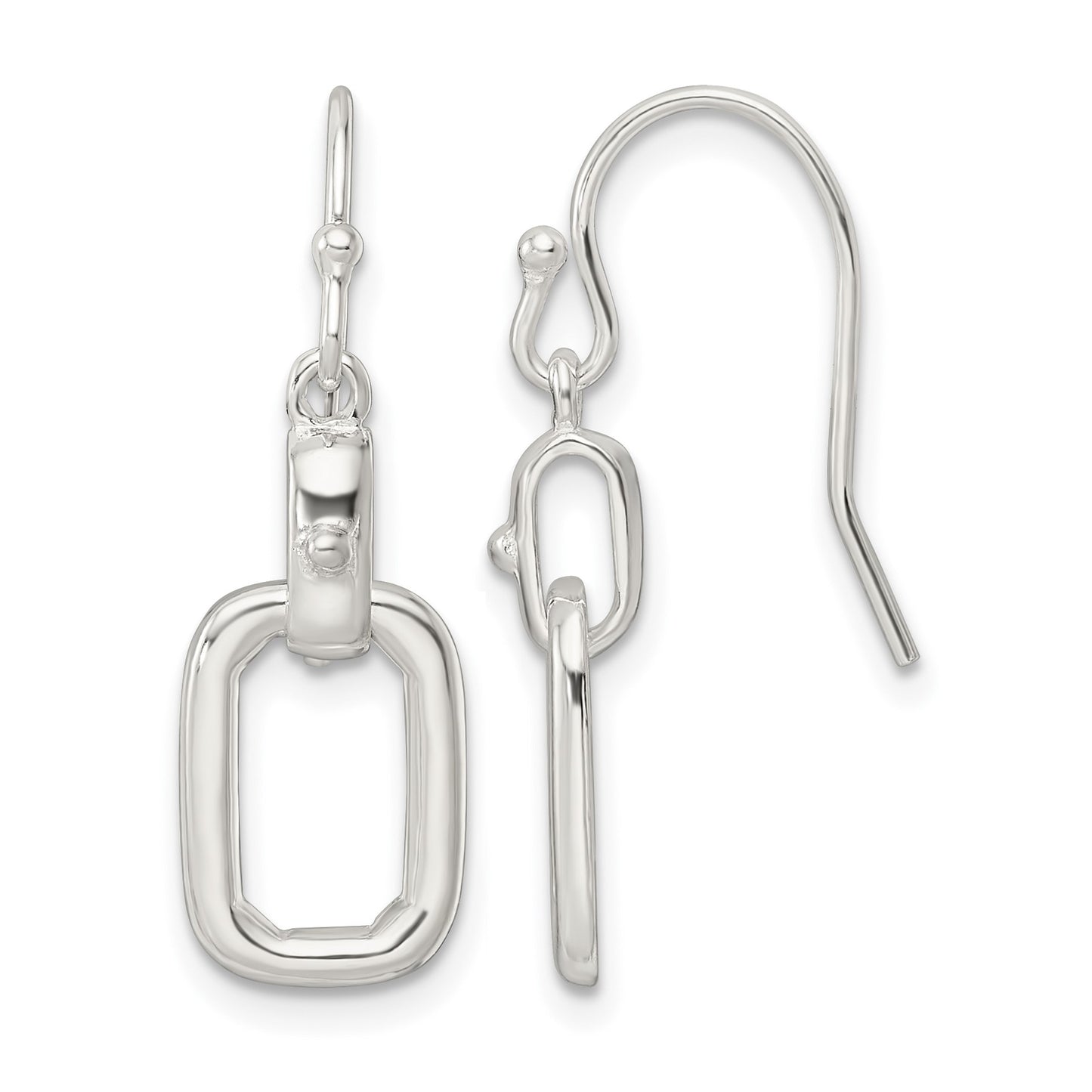 Sterling Silver Polished Rectangle Link Dangle Shepherd Hook Earrings