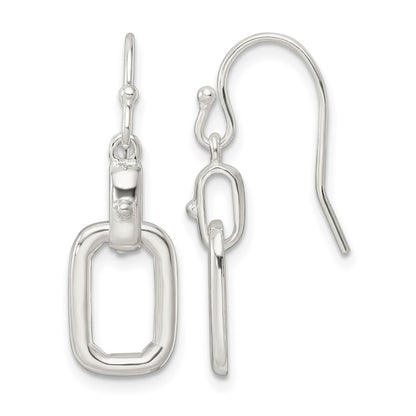Sterling Silver Polished Rectangle Link Dangle Shepherd Hook Earrings