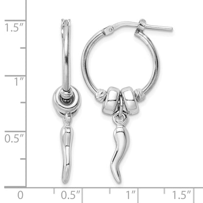 Sterling Silver Rhodium-plated D/C Bead Italian Horn Dangle Hoop Earrings