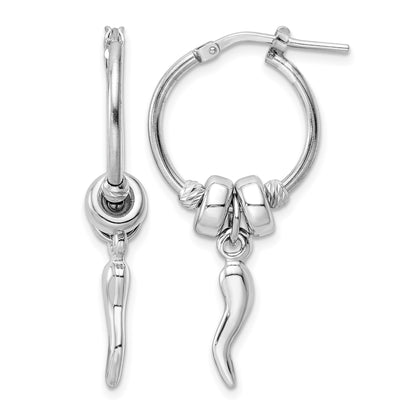 Sterling Silver Rhodium-plated D/C Bead Italian Horn Dangle Hoop Earrings