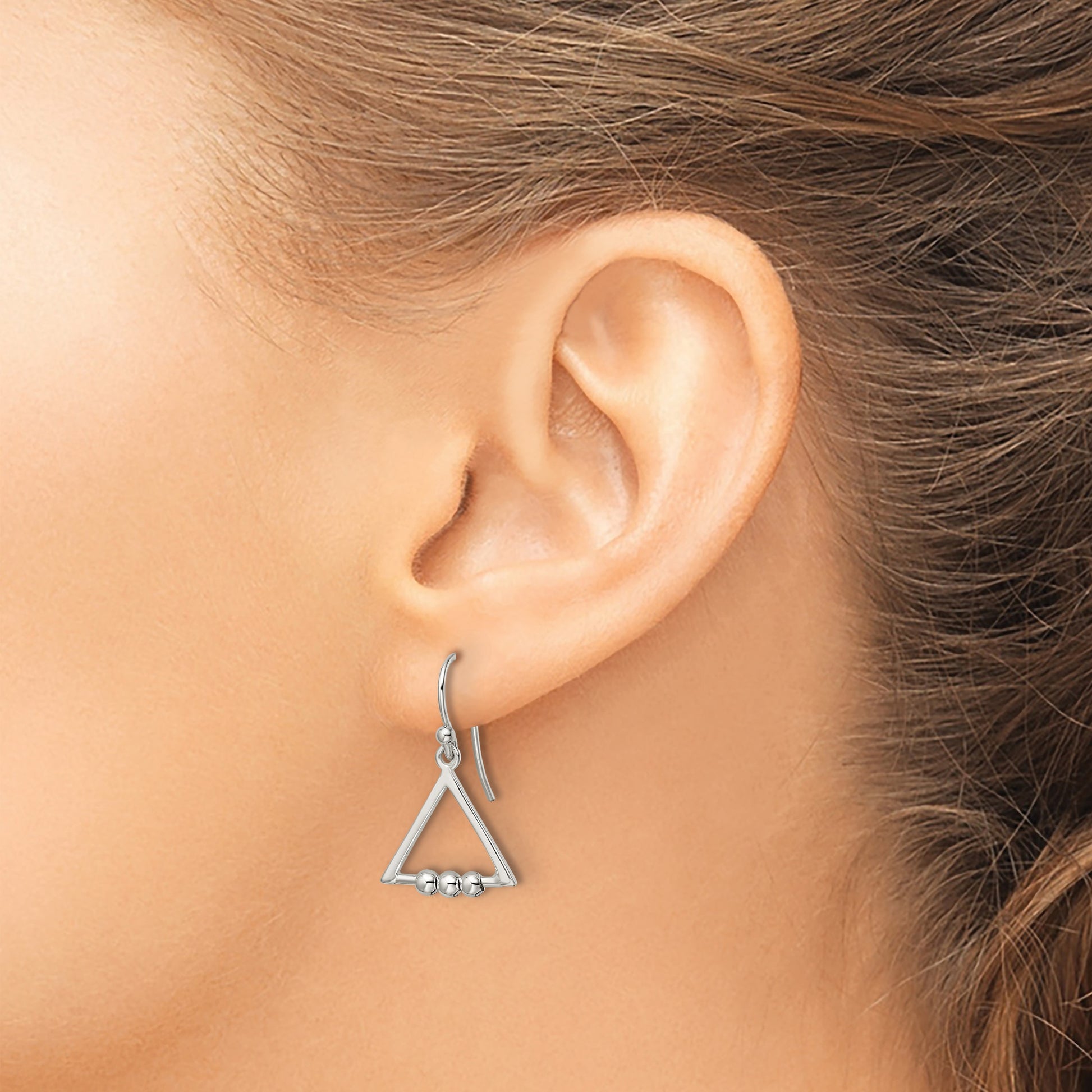Sterling Silver Polished Beaded Triangle Dangle Earrings