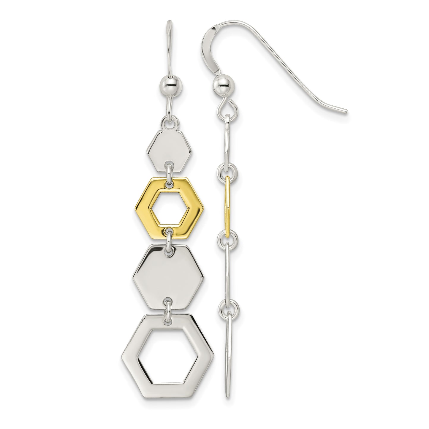 Sterling Silver & Gold-tone Polished Hexagon Dangle Earrings