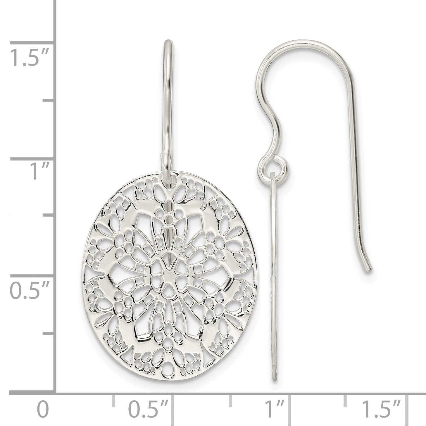 Sterling Silver Polished Floral Oval Dangle Earrings