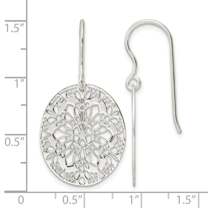 Sterling Silver Polished Floral Oval Dangle Earrings