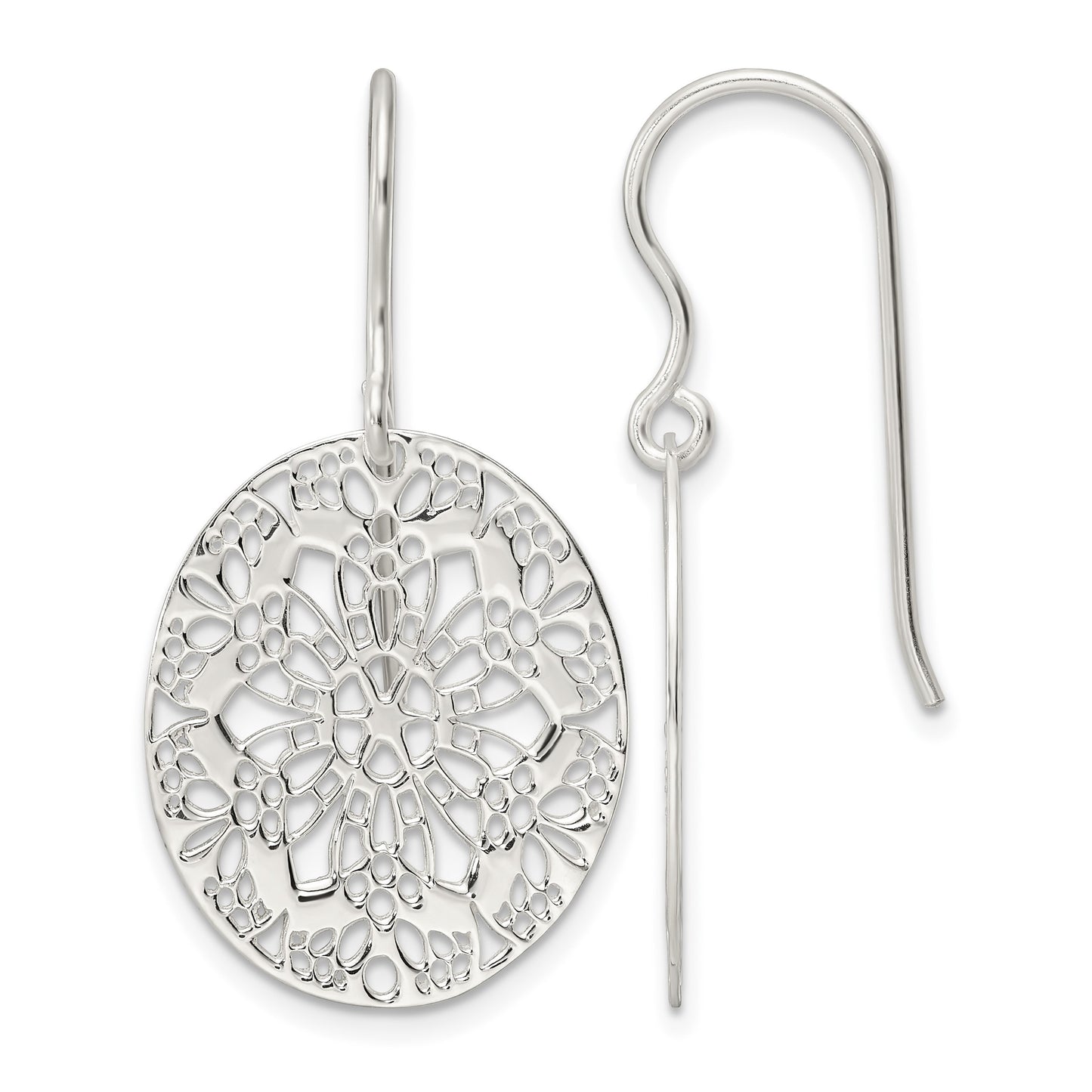 Sterling Silver Polished Floral Oval Dangle Earrings