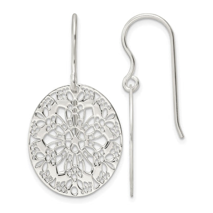 Sterling Silver Polished Floral Oval Dangle Earrings