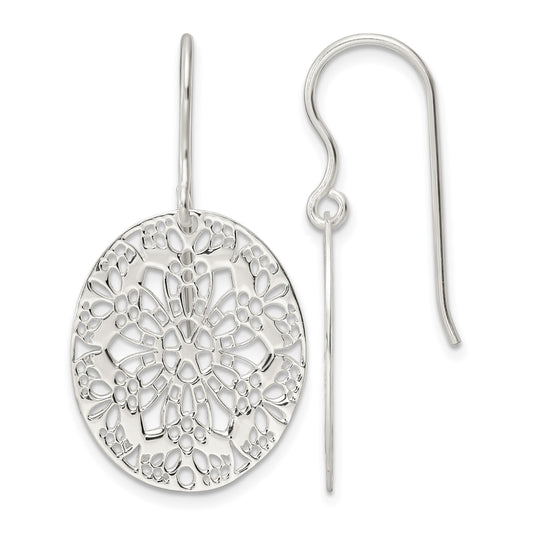 Sterling Silver Polished Floral Oval Dangle Earrings