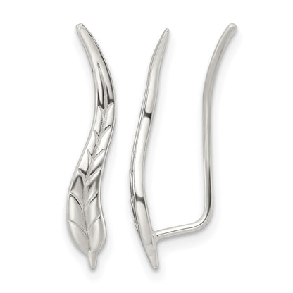 Sterling Silver Polished & Textured Wavy Leaf Dangle Earrings