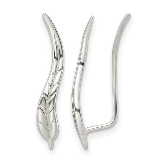 Sterling Silver Polished & Textured Wavy Leaf Dangle Earrings