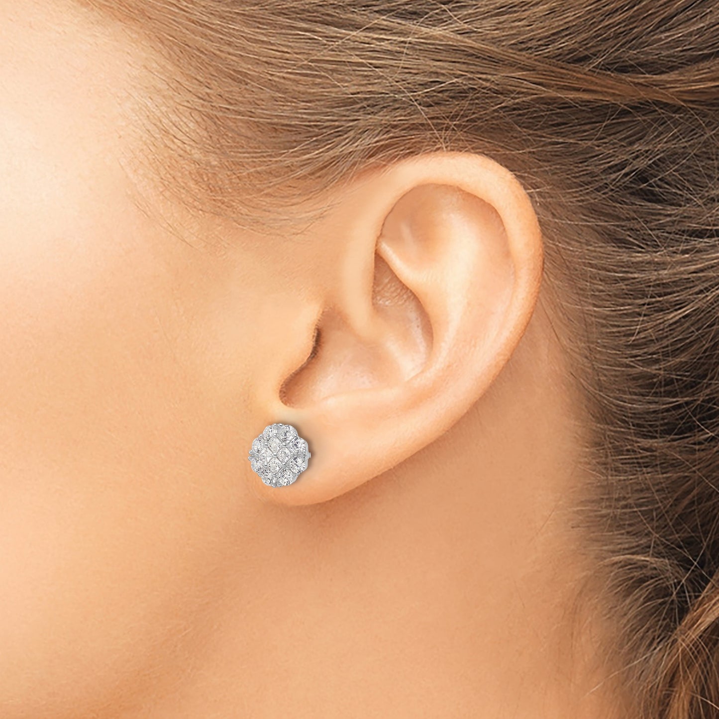 Sterling Silver Rhodium-plated Polished CZ Cluster Flower Post Earrings